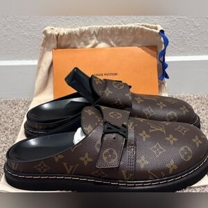 Louis Vuitton Monogram Brown Leather Slip-On Mules with LV Buckle